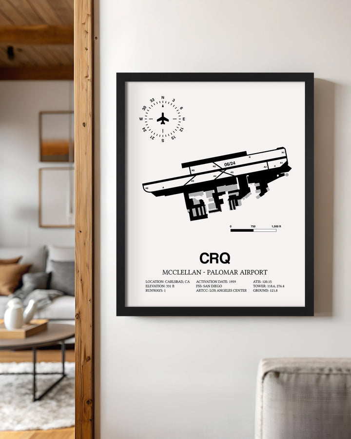 Framed Detailed Airport Map of McClellan-Palomar Airport (CRQ) in White with a Black Frame