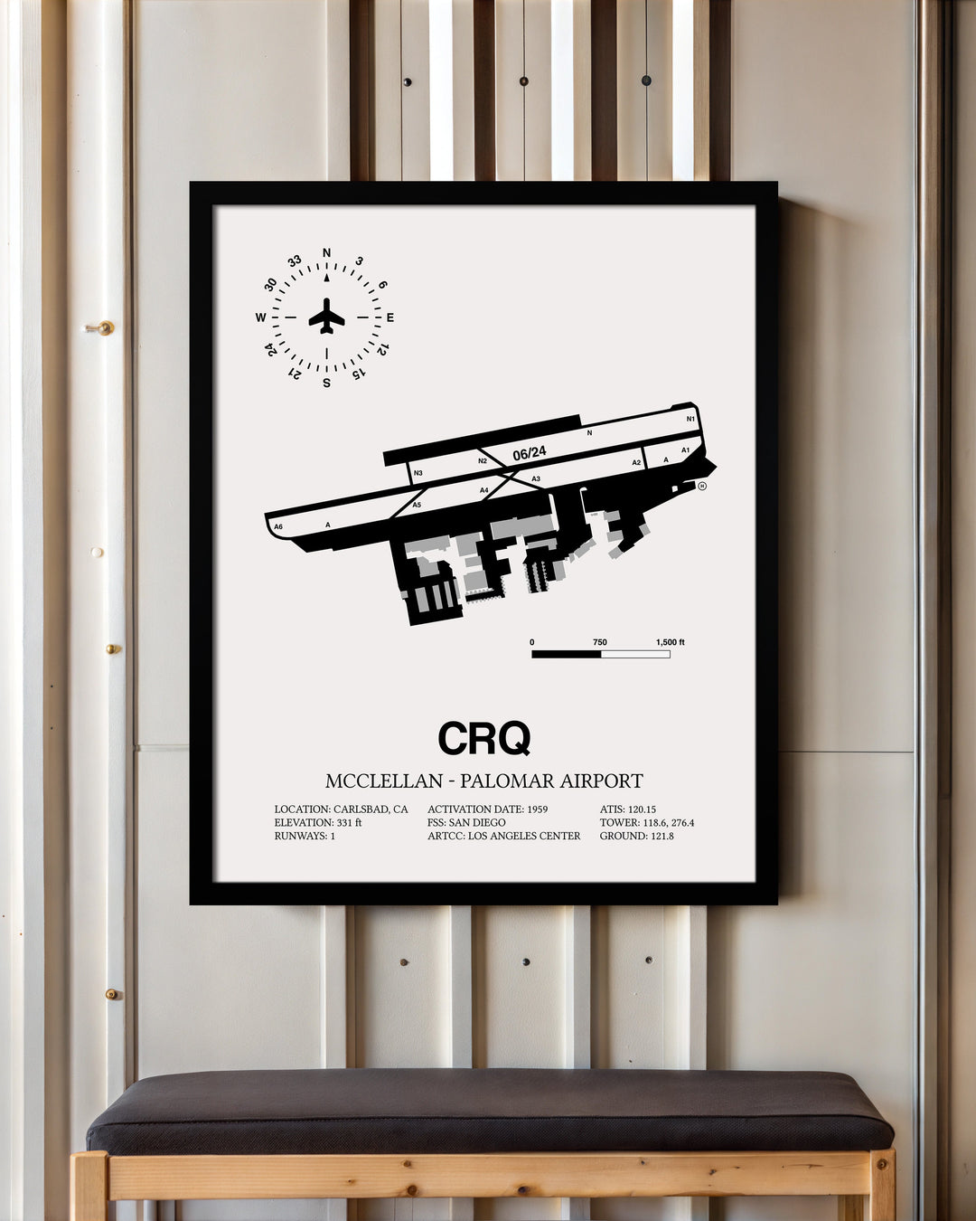 Framed Detailed Airport Map of McClellan-Palomar Airport (CRQ) in White with a Black Frame