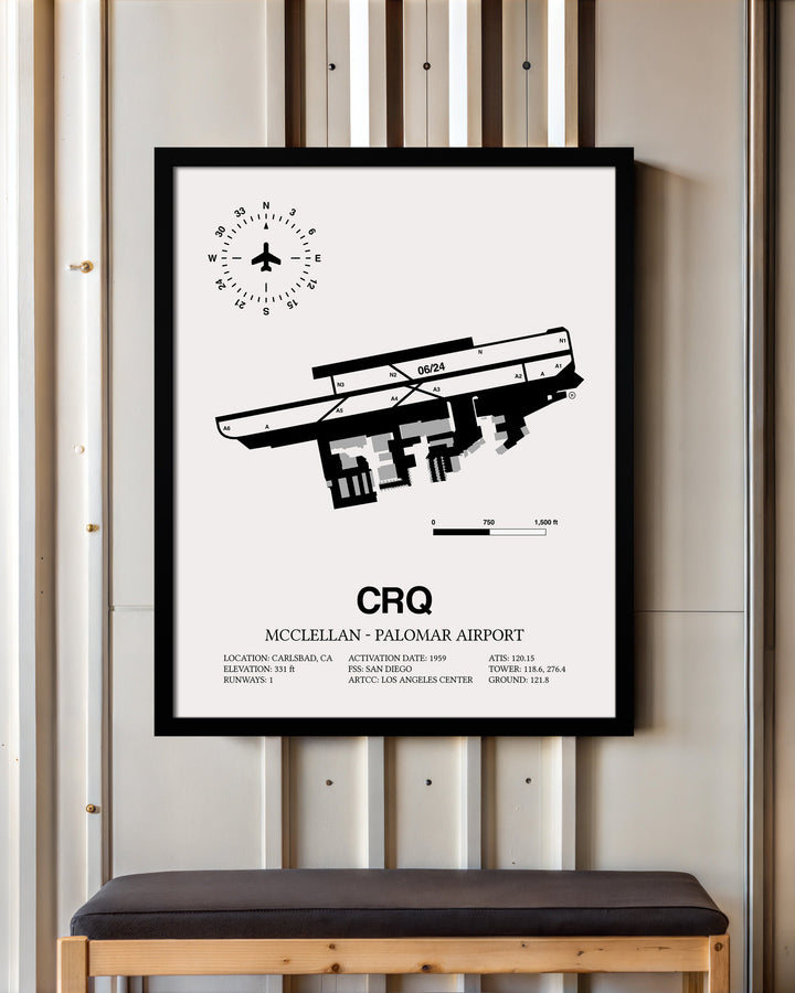 Framed Detailed Airport Map of McClellan-Palomar Airport (CRQ) in White with a Black Frame