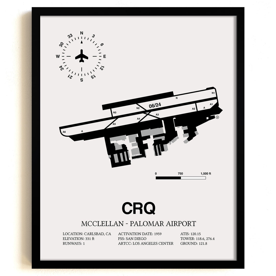 Framed Detailed Airport Map of McClellan-Palomar Airport (CRQ) in White with a Black Frame