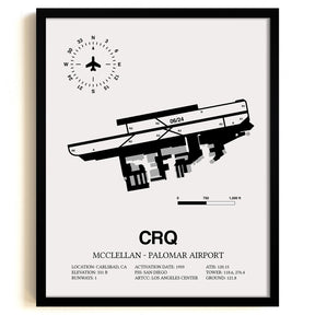 Framed Detailed Airport Map of McClellan-Palomar Airport (CRQ) in White with a Black Frame