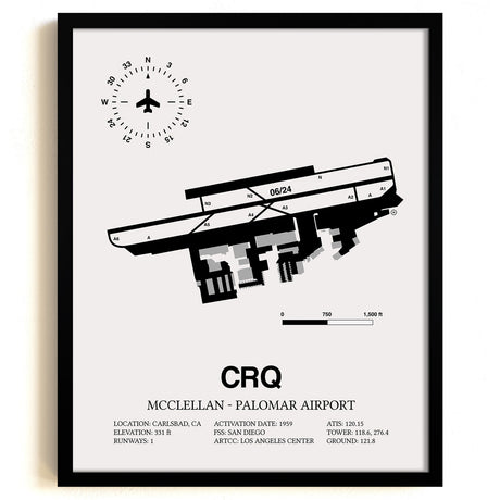 Framed Detailed Airport Map of McClellan-Palomar Airport (CRQ) in White with a Black Frame