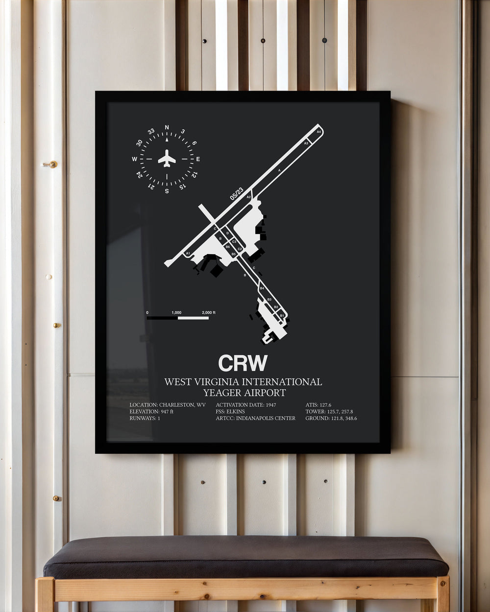 Framed Detailed Airport Map of West Virginia International Yeager Airport (CRW) in Gray with a Black Frame