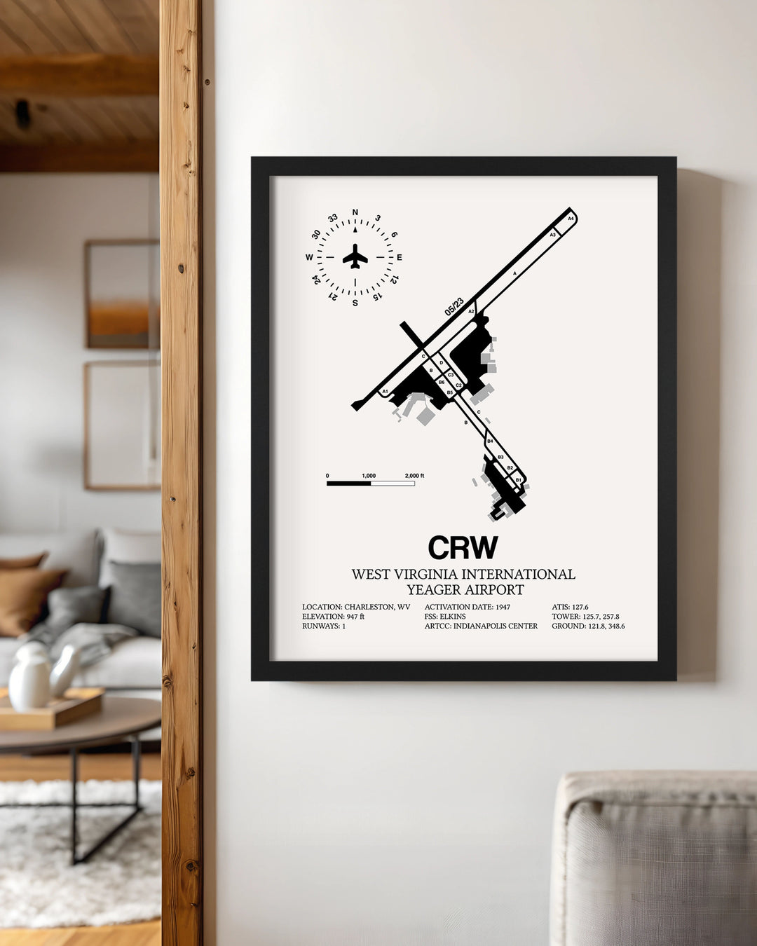 Framed Detailed Airport Map of West Virginia International Yeager Airport (CRW) in White with a Black Frame