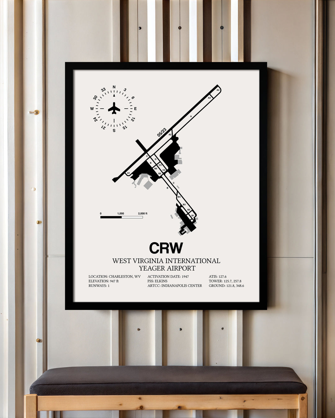 Framed Detailed Airport Map of West Virginia International Yeager Airport (CRW) in White with a Black Frame