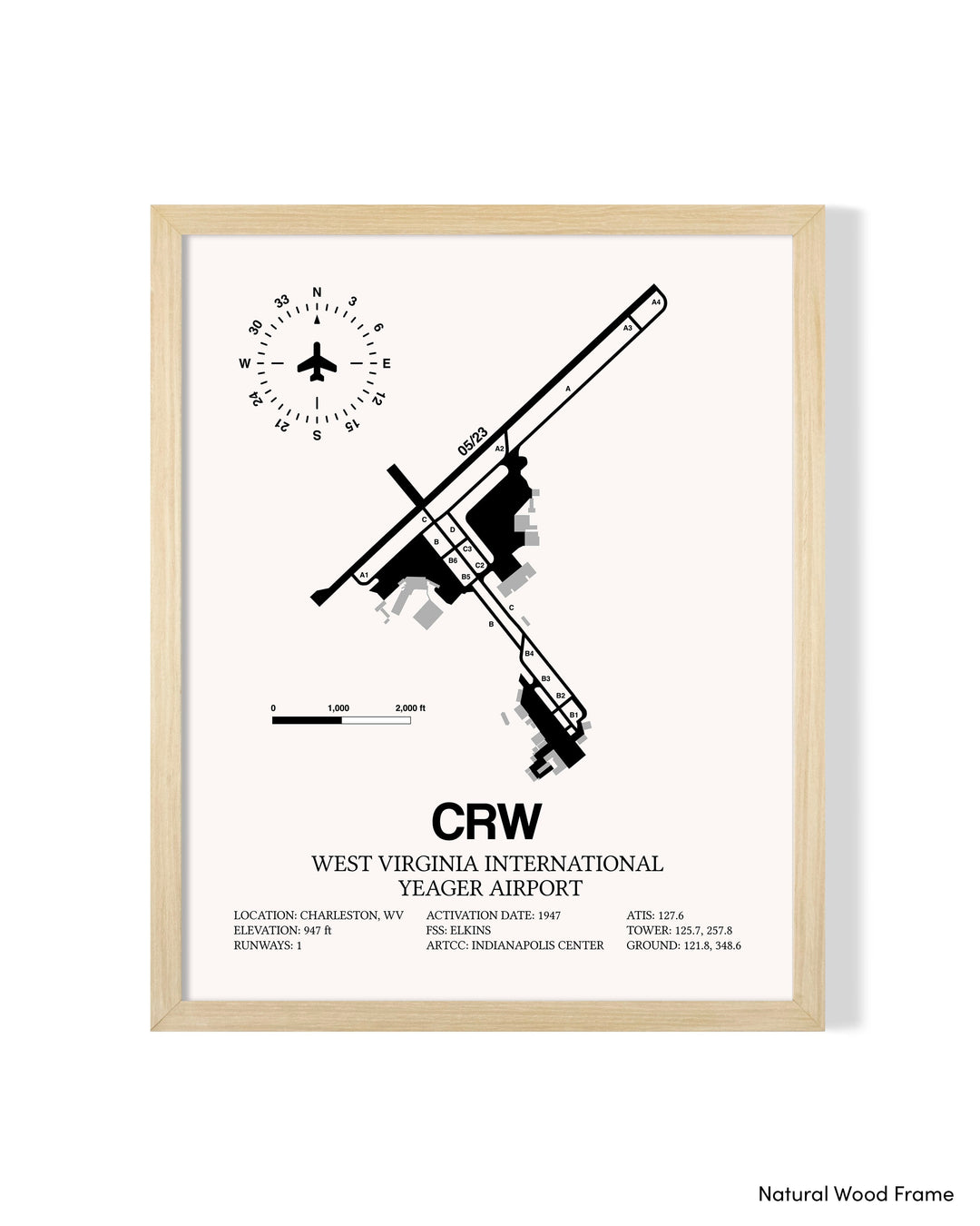 Detailed Airport Map of West Virginia International Yeager Airport (CRW) in White with a Natural Frame