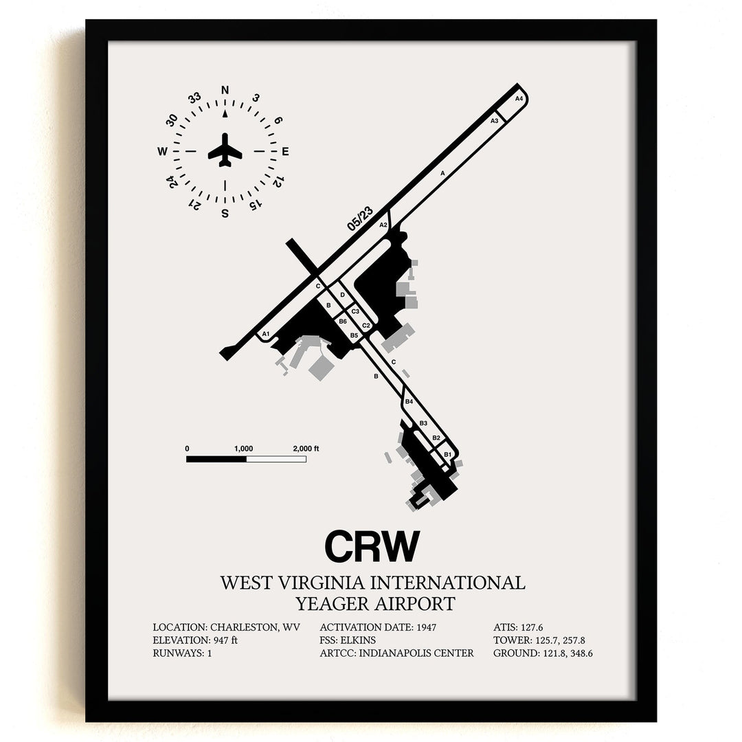 Framed Detailed Airport Map of West Virginia International Yeager Airport (CRW) in White with a Black Frame