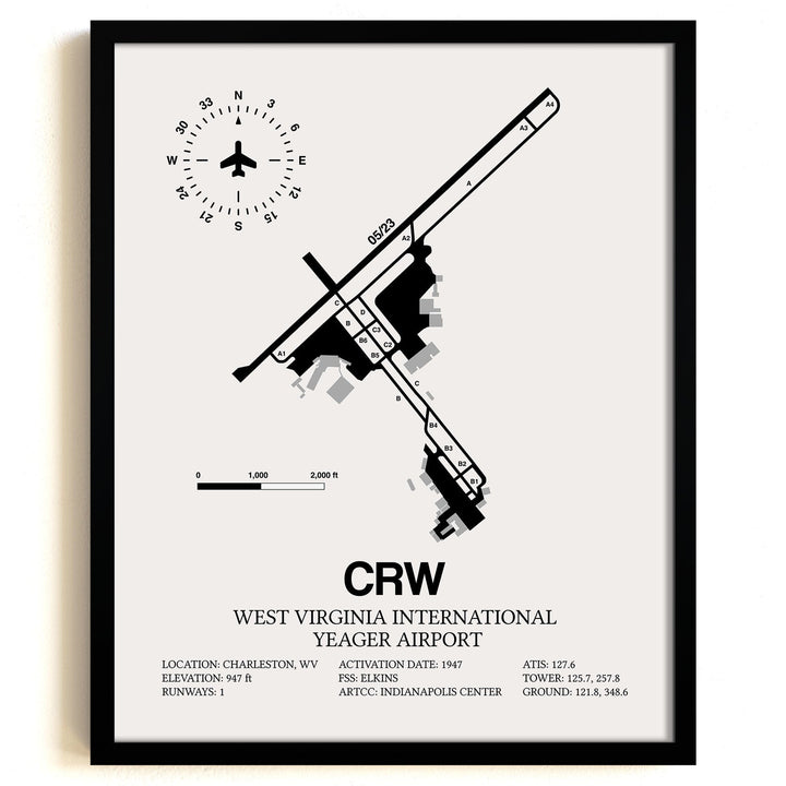 Framed Detailed Airport Map of West Virginia International Yeager Airport (CRW) in White with a Black Frame