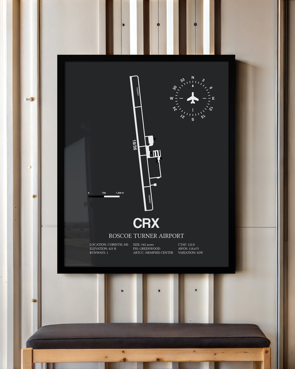 Framed Detailed Airport Map of Roscoe Turner Airport (CRX) in Gray with a Black Frame