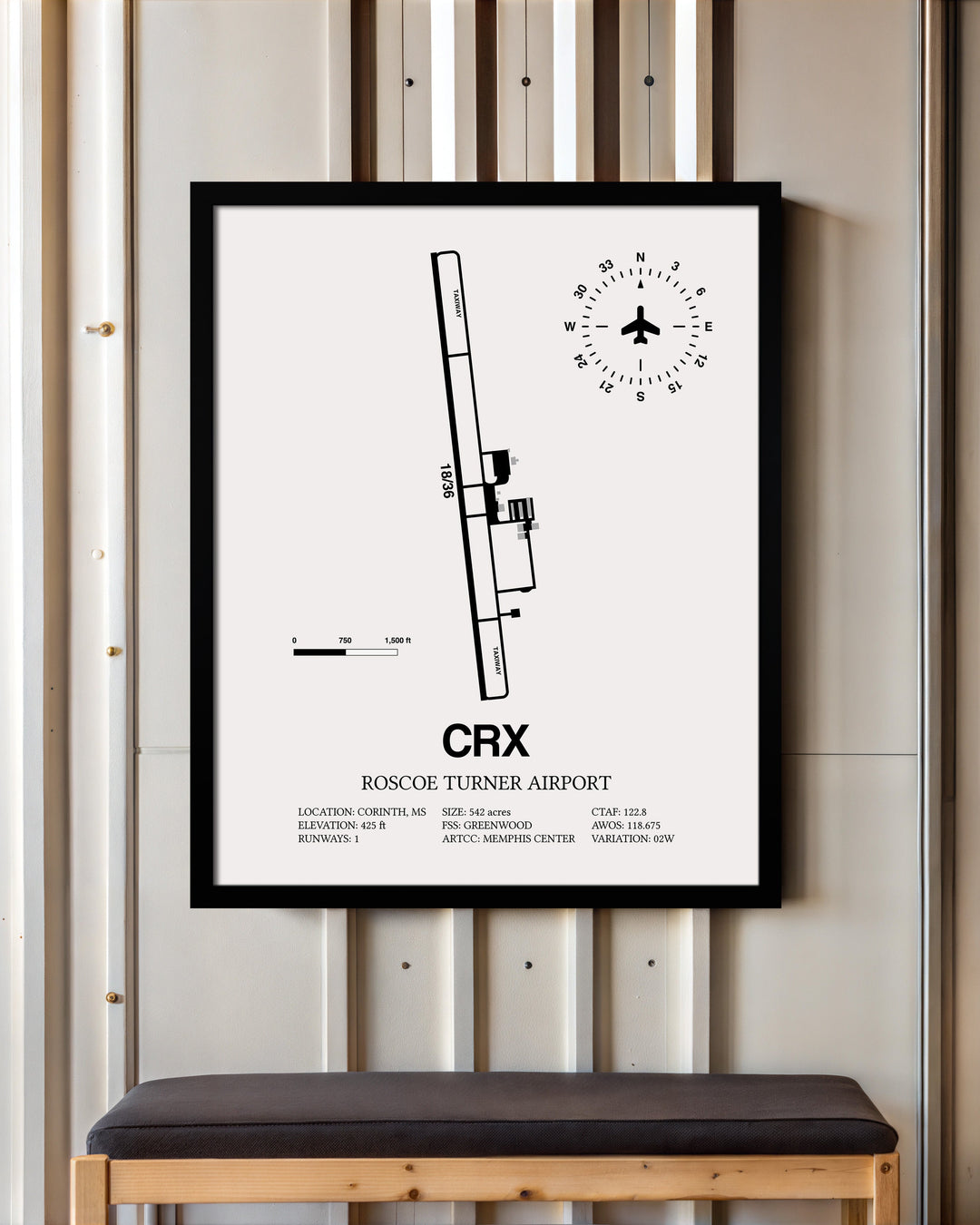 Framed Detailed Airport Map of Roscoe Turner Airport (CRX) in White with a Black Frame
