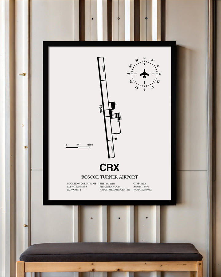 Framed Detailed Airport Map of Roscoe Turner Airport (CRX) in White with a Black Frame
