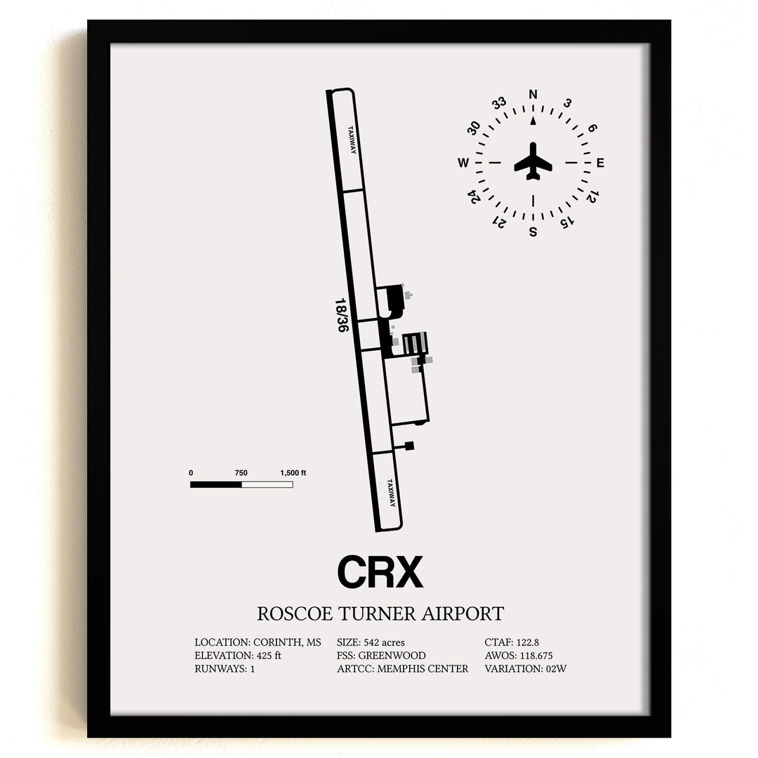 Framed Detailed Airport Map of Roscoe Turner Airport (CRX) in White with a Black Frame
