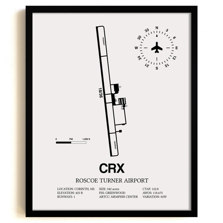 Framed Detailed Airport Map of Roscoe Turner Airport (CRX) in White with a Black Frame