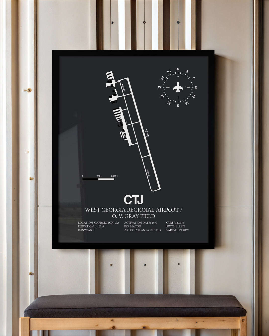 Framed Detailed Airport Map of West Georgia Regional Airport/O. V. Gray Field (CTJ) in Gray with a Black Frame