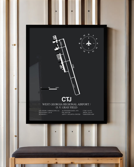 Framed Detailed Airport Map of West Georgia Regional Airport/O. V. Gray Field (CTJ) in Gray with a Black Frame
