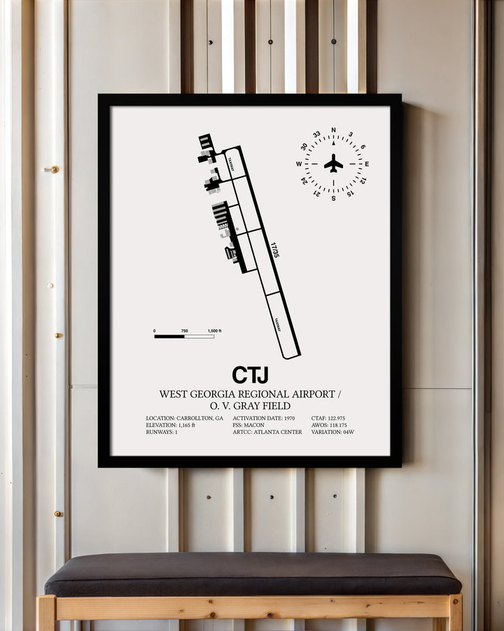 Framed Detailed Airport Map of West Georgia Regional Airport/O. V. Gray Field (CTJ) in White with a Black Frame