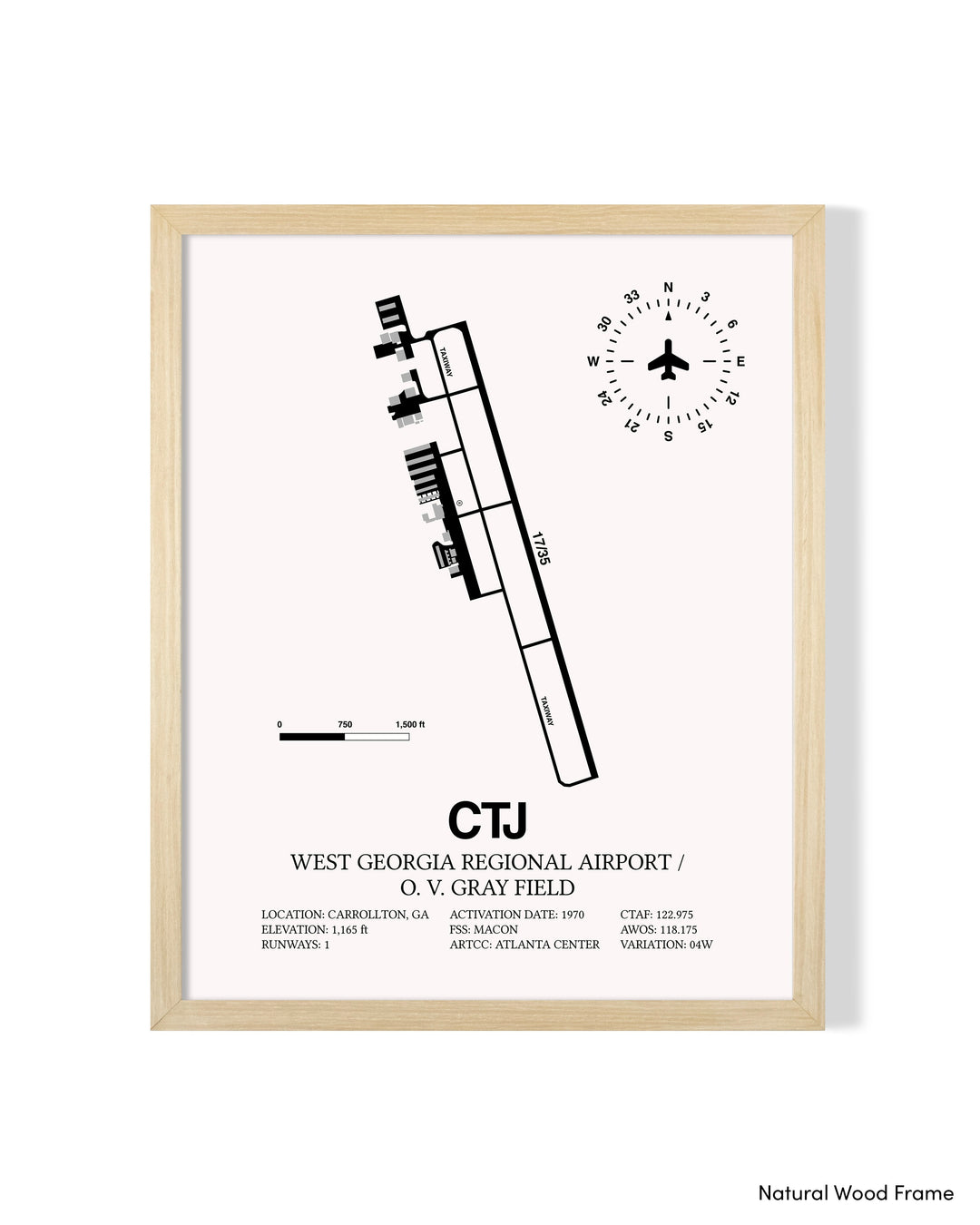 Detailed Airport Map of West Georgia Regional Airport/O. V. Gray Field (CTJ) in White with a Natural Frame