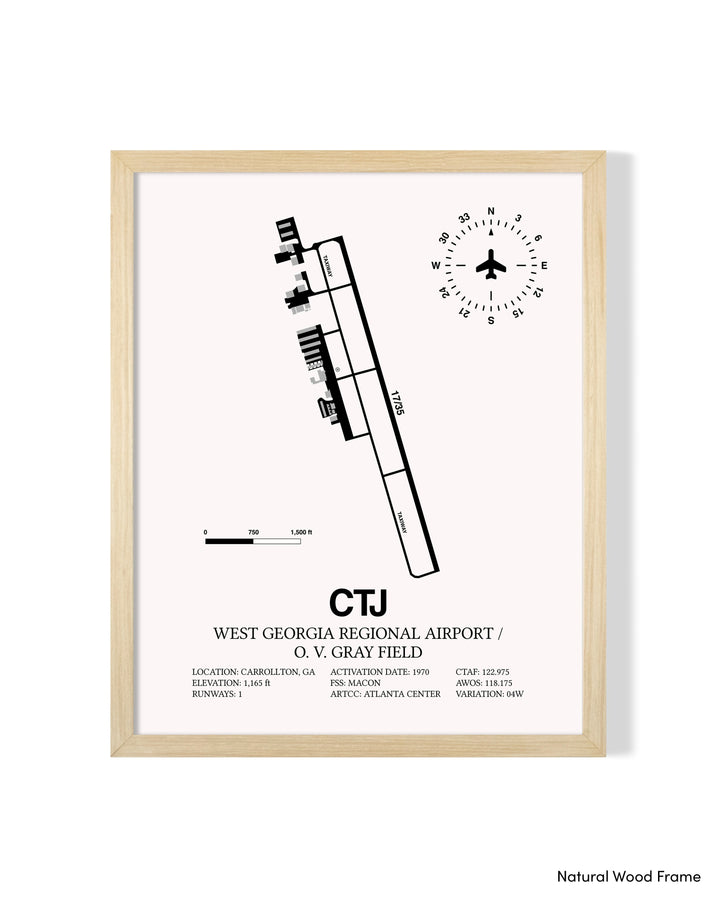 Detailed Airport Map of West Georgia Regional Airport/O. V. Gray Field (CTJ) in White with a Natural Frame