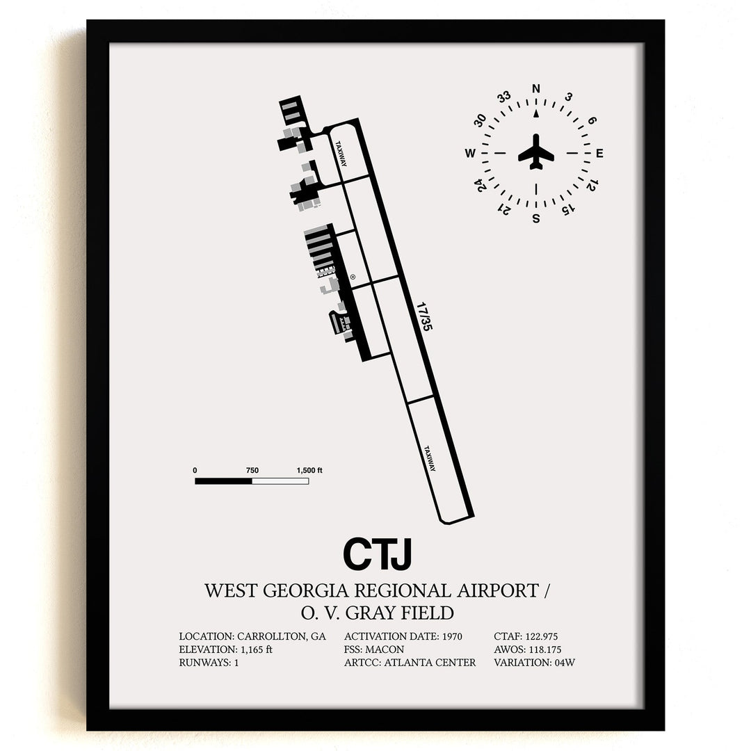 Framed Detailed Airport Map of West Georgia Regional Airport/O. V. Gray Field (CTJ) in White with a Black Frame
