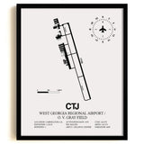 Framed Detailed Airport Map of West Georgia Regional Airport/O. V. Gray Field (CTJ) in White with a Black Frame