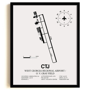Framed Detailed Airport Map of West Georgia Regional Airport/O. V. Gray Field (CTJ) in White with a Black Frame