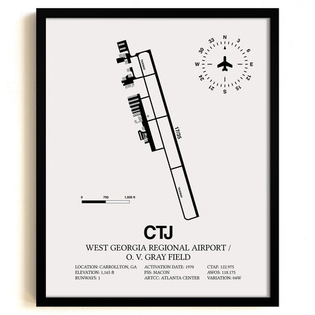 Framed Detailed Airport Map of West Georgia Regional Airport/O. V. Gray Field (CTJ) in White with a Black Frame