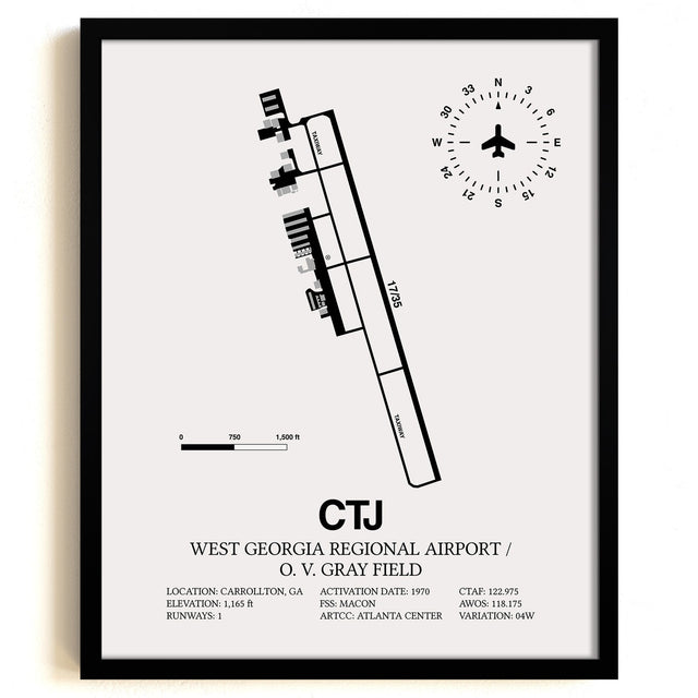 Framed Detailed Airport Map of West Georgia Regional Airport/O. V. Gray Field (CTJ) in White with a Black Frame