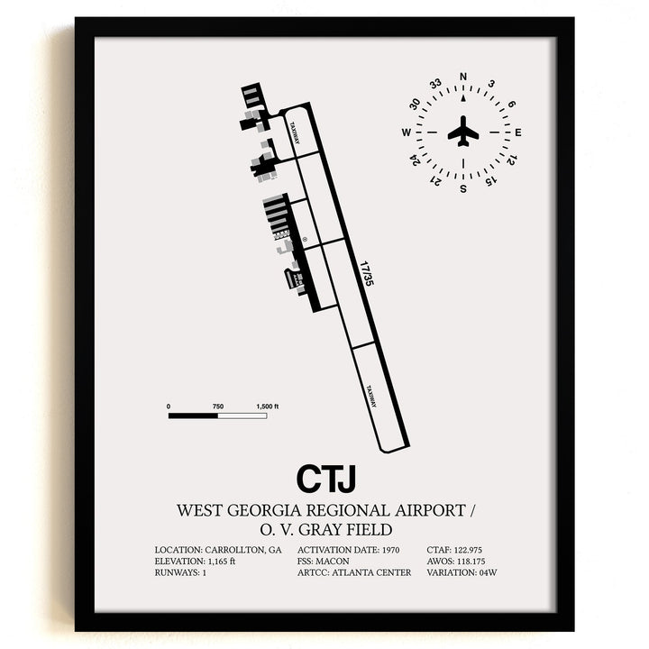 Framed Detailed Airport Map of West Georgia Regional Airport/O. V. Gray Field (CTJ) in White with a Black Frame