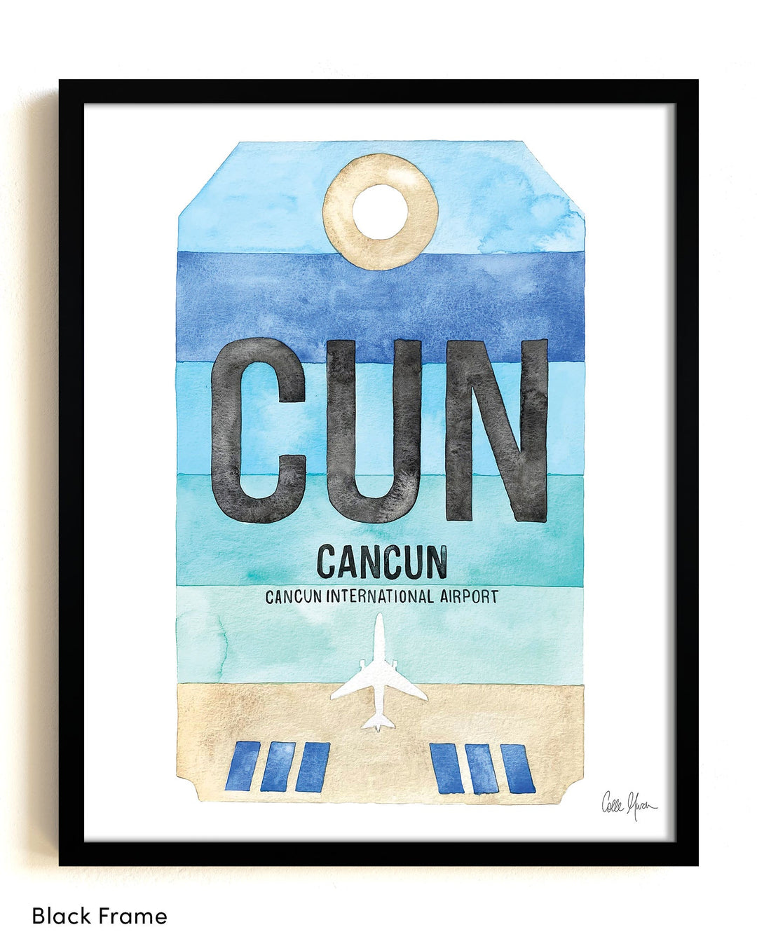 Framed Watercolor Print of Cancun International Airport (CUN) with a Black Frame