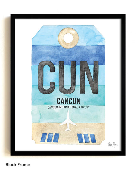 Framed Watercolor Print of Cancun International Airport (CUN) with a Black Frame