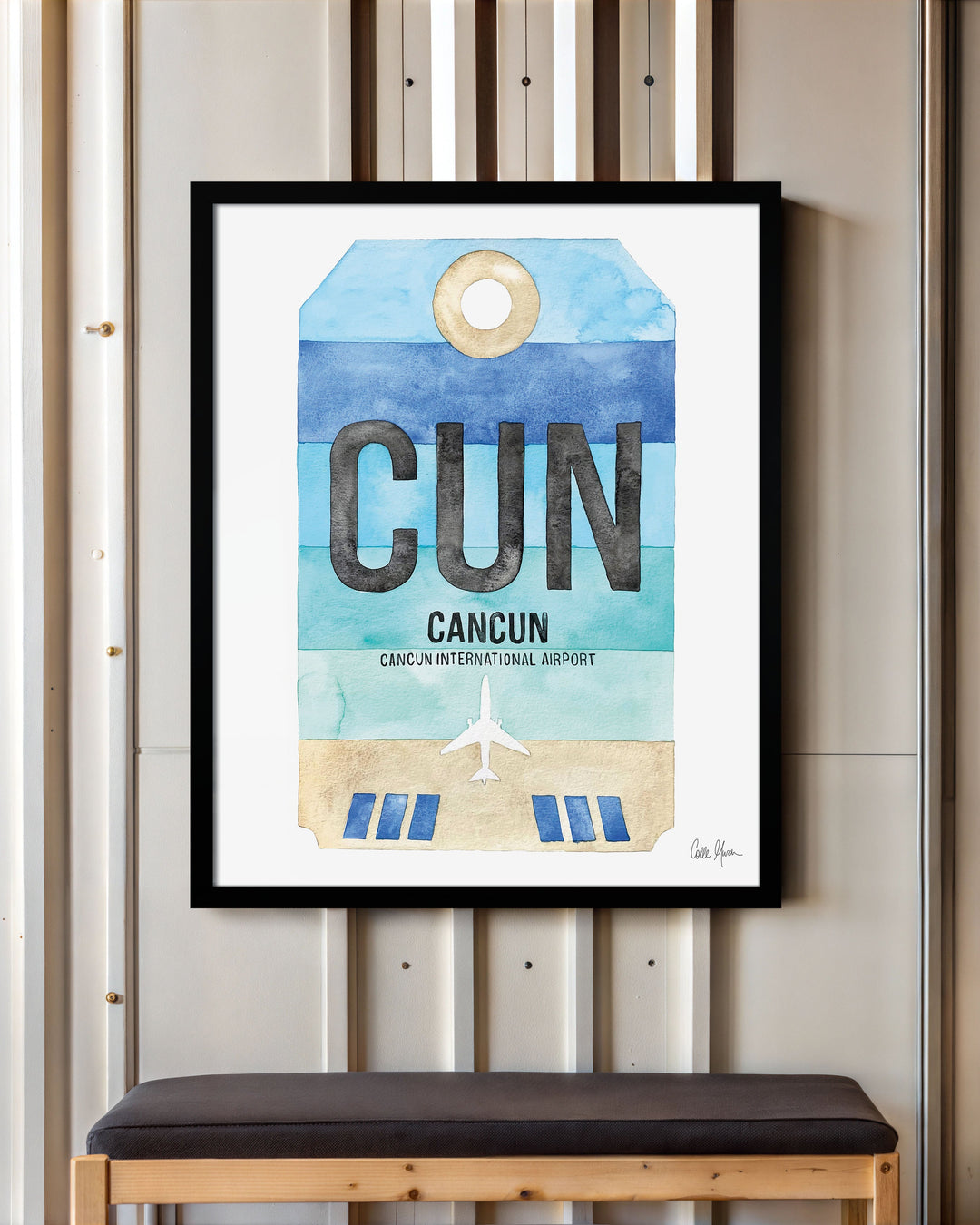 Framed Watercolor Print of Cancun International Airport (CUN) with a Black Frame