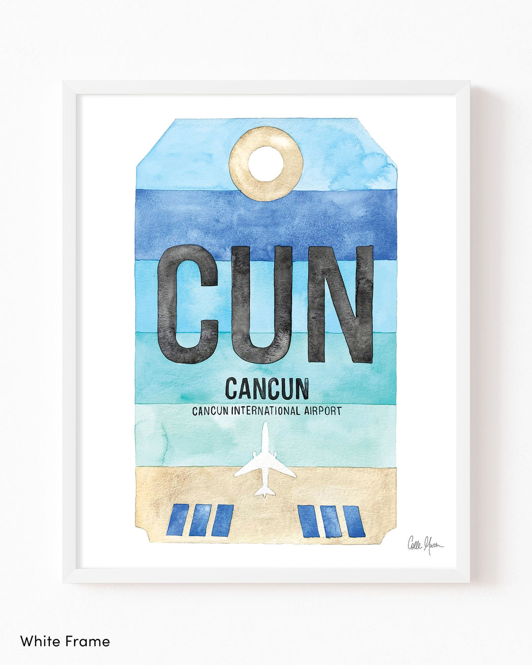 Framed Watercolor Print of Cancun International Airport (CUN) with a White Frame