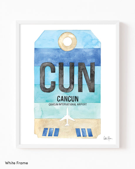 Framed Watercolor Print of Cancun International Airport (CUN) with a White Frame