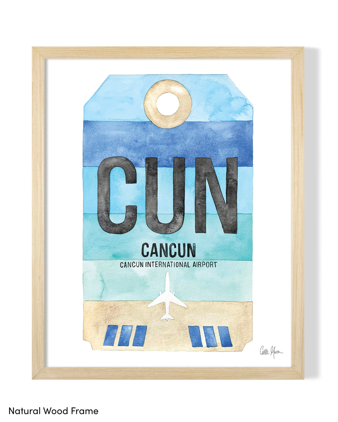 Framed Watercolor Print of Cancun International Airport (CUN) with a Natural Wood Frame