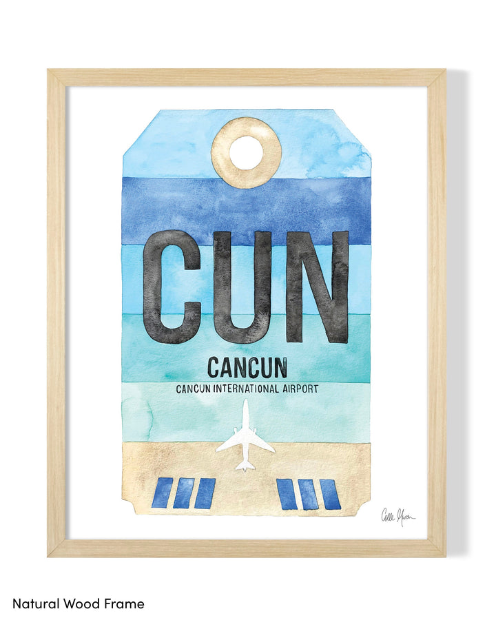 Framed Watercolor Print of Cancun International Airport (CUN) with a Natural Wood Frame