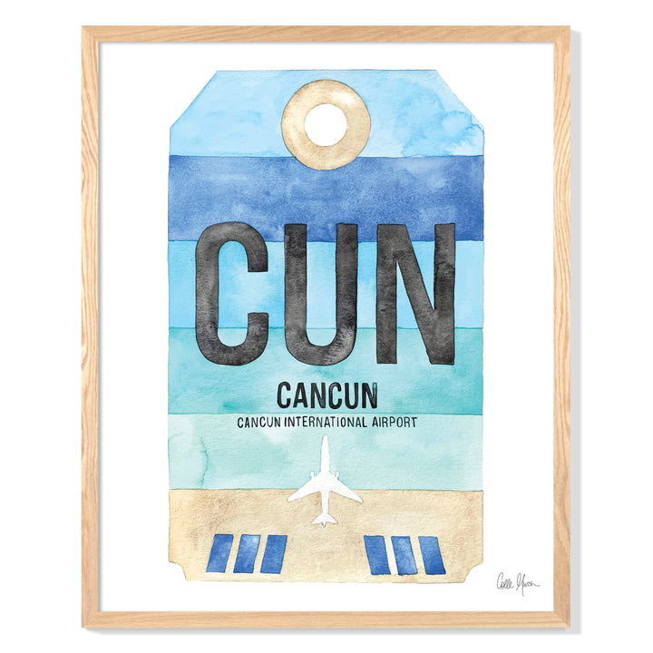 Framed Watercolor Print of Cancun International Airport (CUN) with an Oak Frame