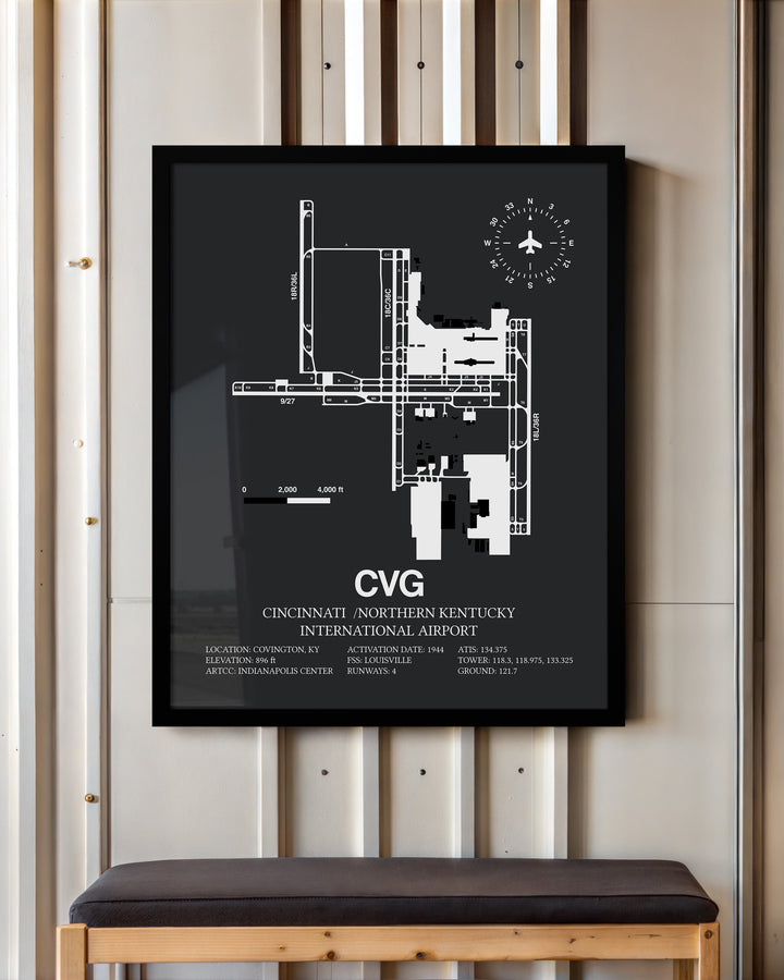 Framed Detailed Airport Map of Cincinnati /Northern Kentucky International Airport (CVG) in Gray with a Black Frame