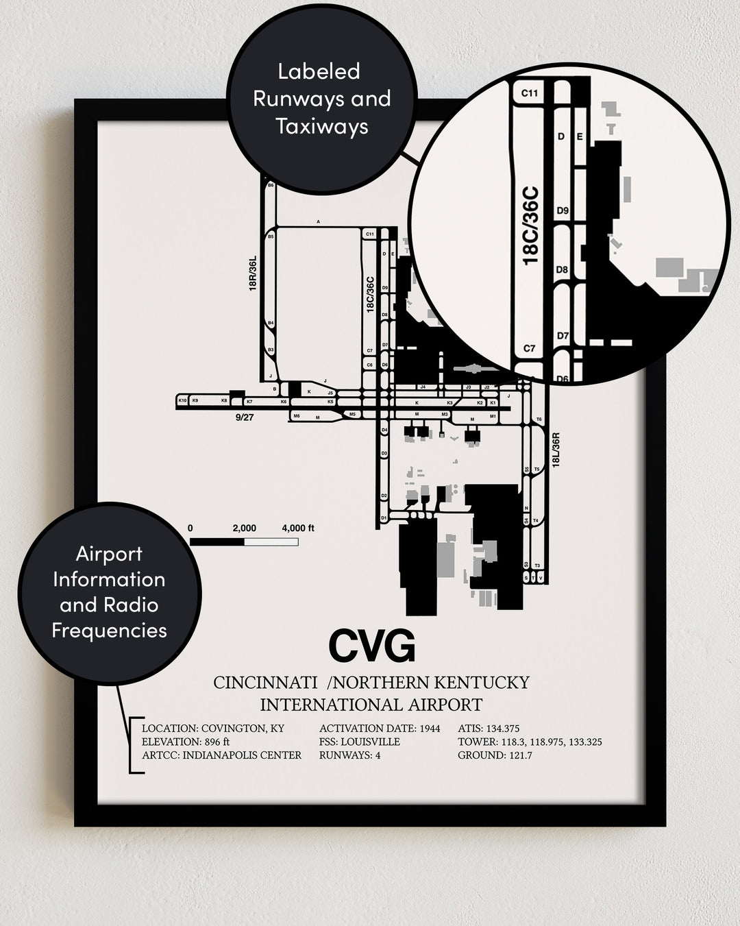 Framed Detailed Airport Map of Cincinnati /Northern Kentucky International Airport (CVG) in White with a Black Frame