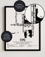 Framed Detailed Airport Map of Cincinnati /Northern Kentucky International Airport (CVG) in White with a Black Frame