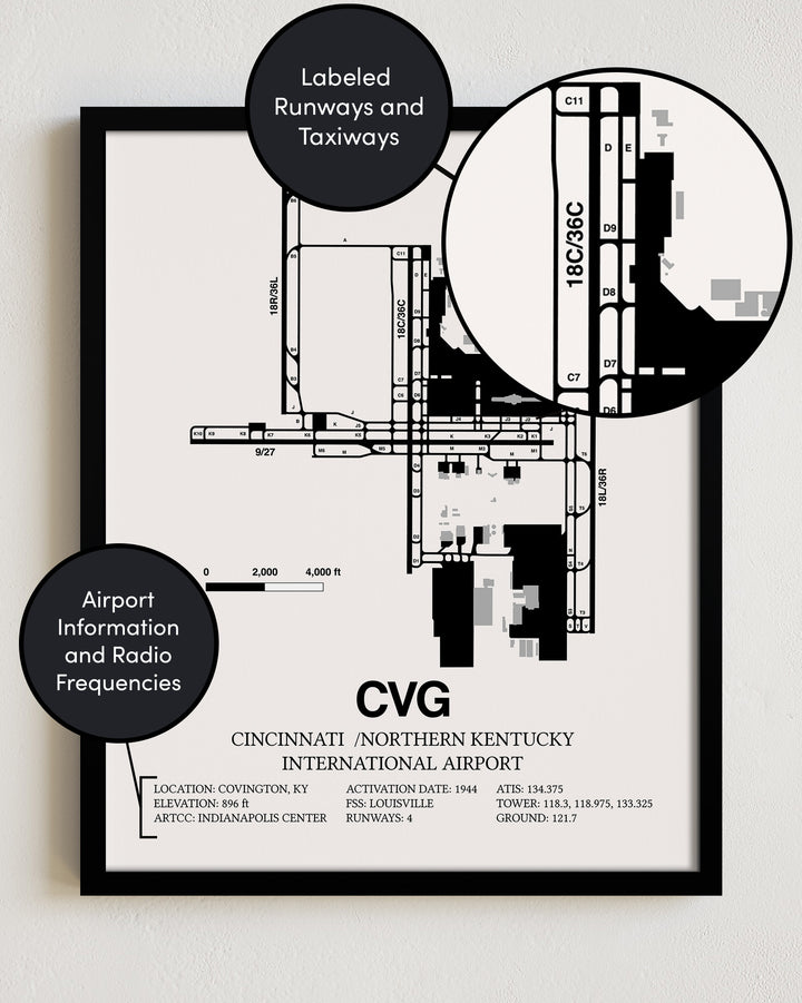 Framed Detailed Airport Map of Cincinnati /Northern Kentucky International Airport (CVG) in White with a Black Frame