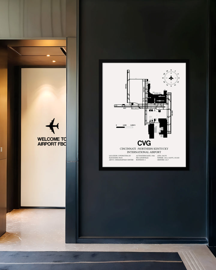 Framed Detailed Airport Map of Cincinnati /Northern Kentucky International Airport (CVG) in White with a Black Frame
