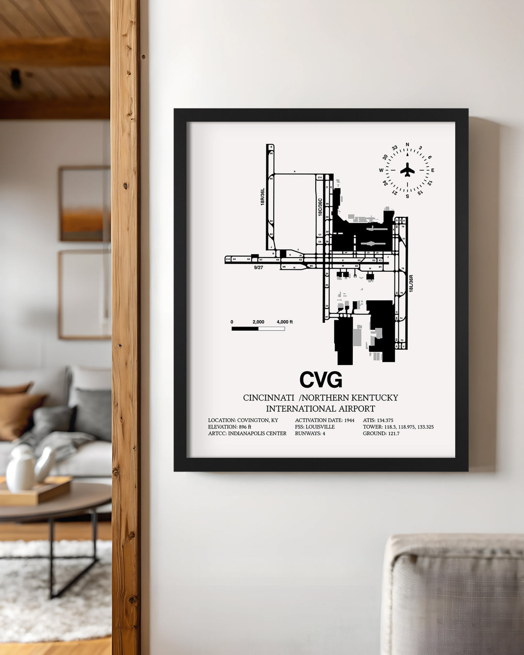 Framed Detailed Airport Map of Cincinnati /Northern Kentucky International Airport (CVG) in White with a Black Frame