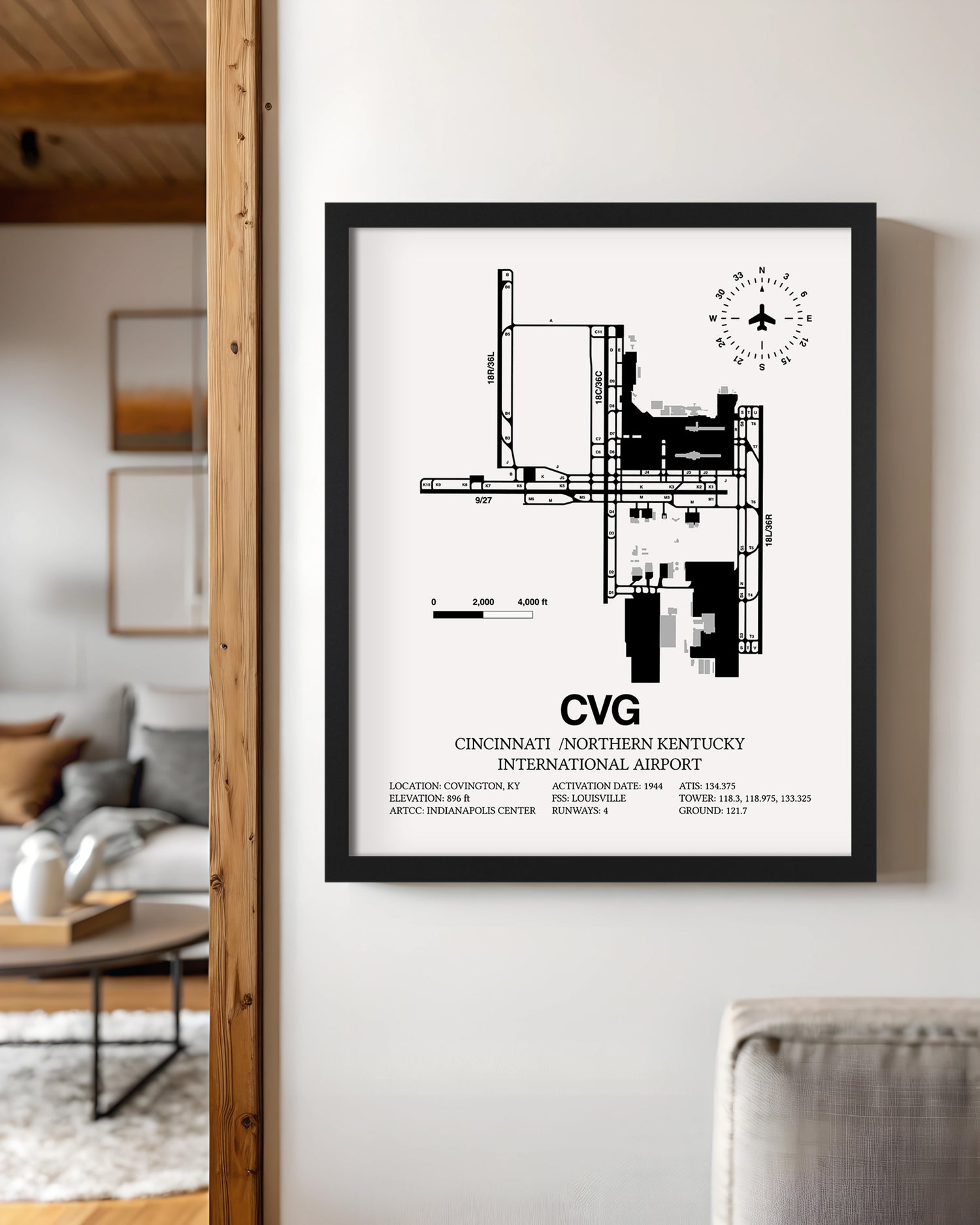 Framed Detailed Airport Map of Cincinnati /Northern Kentucky International Airport (CVG) in White with a Black Frame