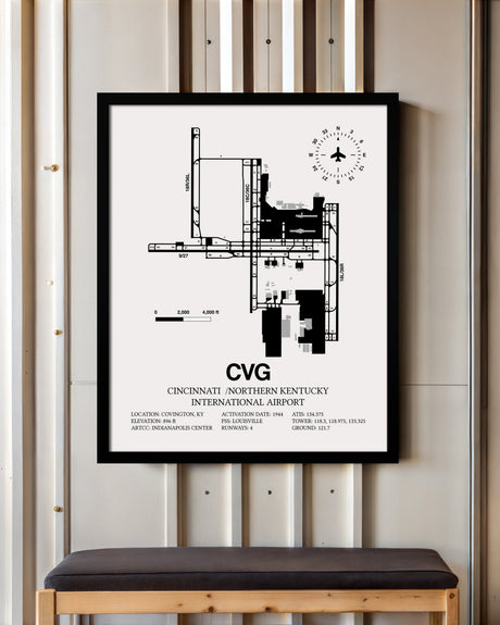Framed Detailed Airport Map of Cincinnati /Northern Kentucky International Airport (CVG) in White with a Black Frame