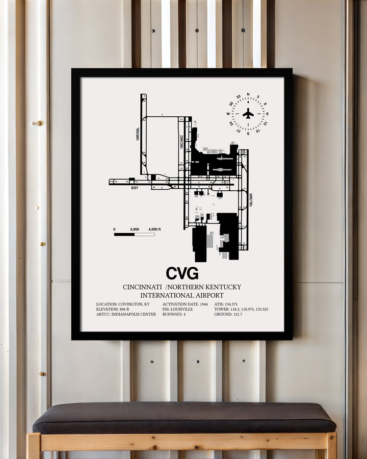 Framed Detailed Airport Map of Cincinnati /Northern Kentucky International Airport (CVG) in White with a Black Frame