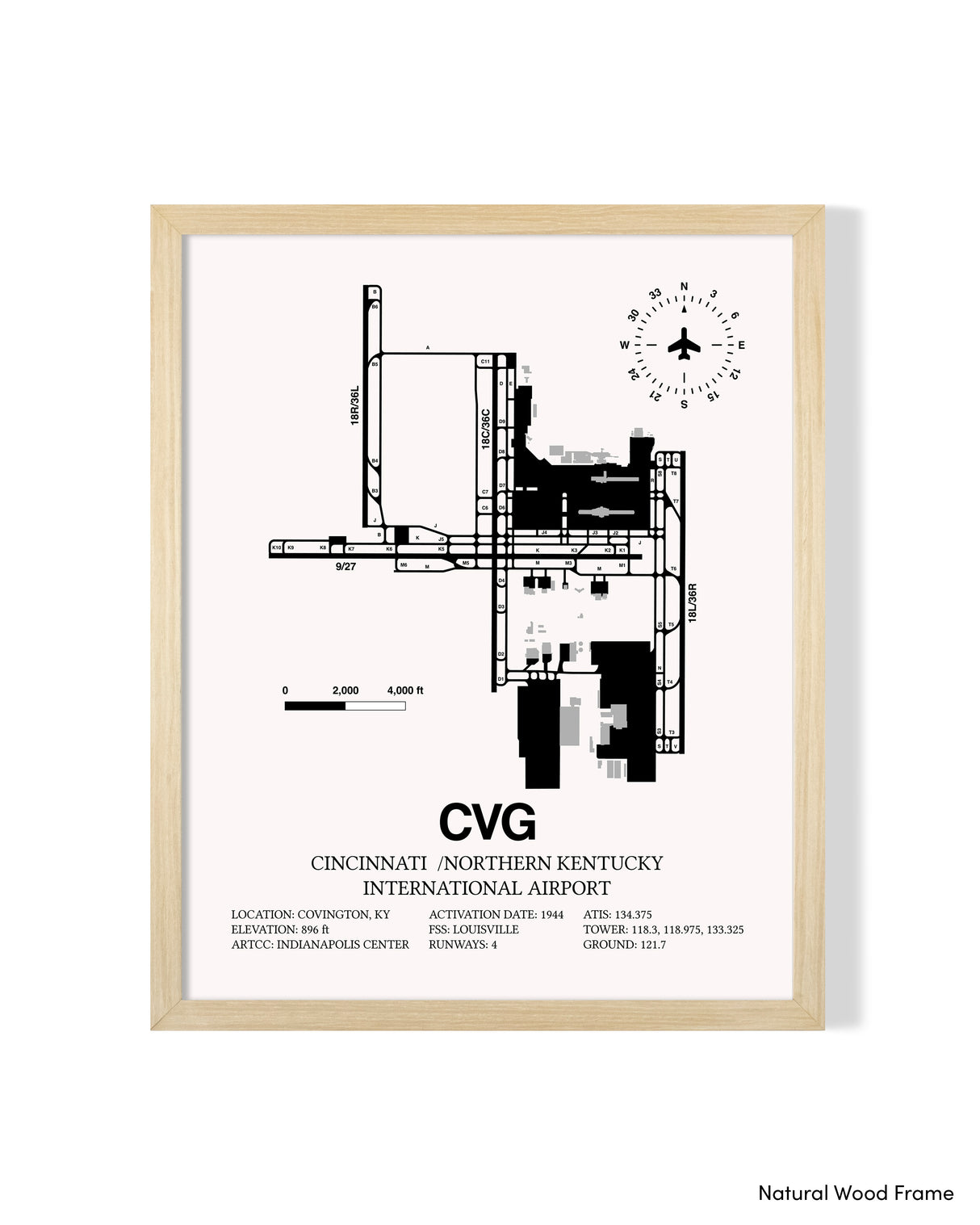 Detailed Airport Map of Cincinnati /Northern Kentucky International Airport (CVG) in White with a Natural Frame