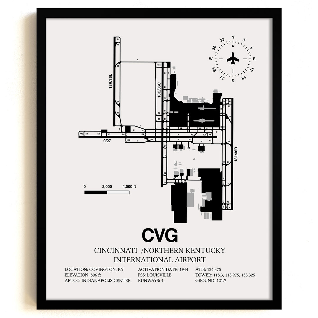 Framed Detailed Airport Map of Cincinnati /Northern Kentucky International Airport (CVG) in White with a Black Frame