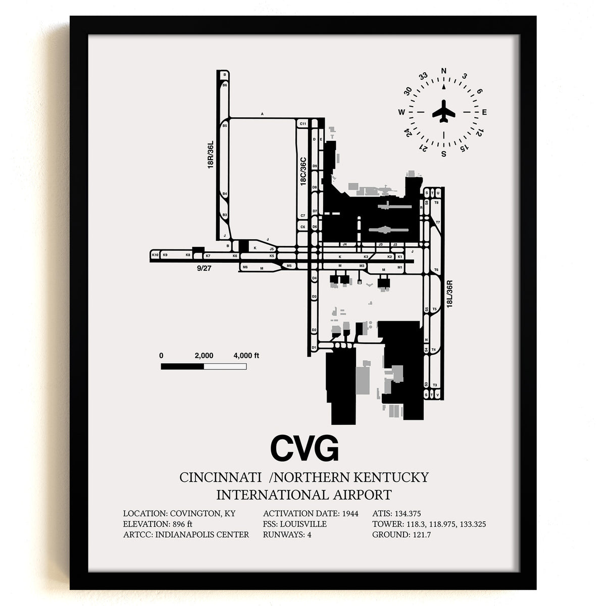 Framed Detailed Airport Map of Cincinnati /Northern Kentucky International Airport (CVG) in White with a Black Frame