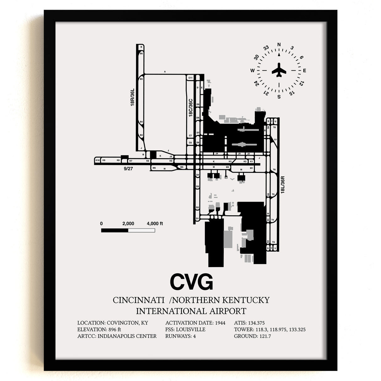 Framed Detailed Airport Map of Cincinnati /Northern Kentucky International Airport (CVG) in White with a Black Frame