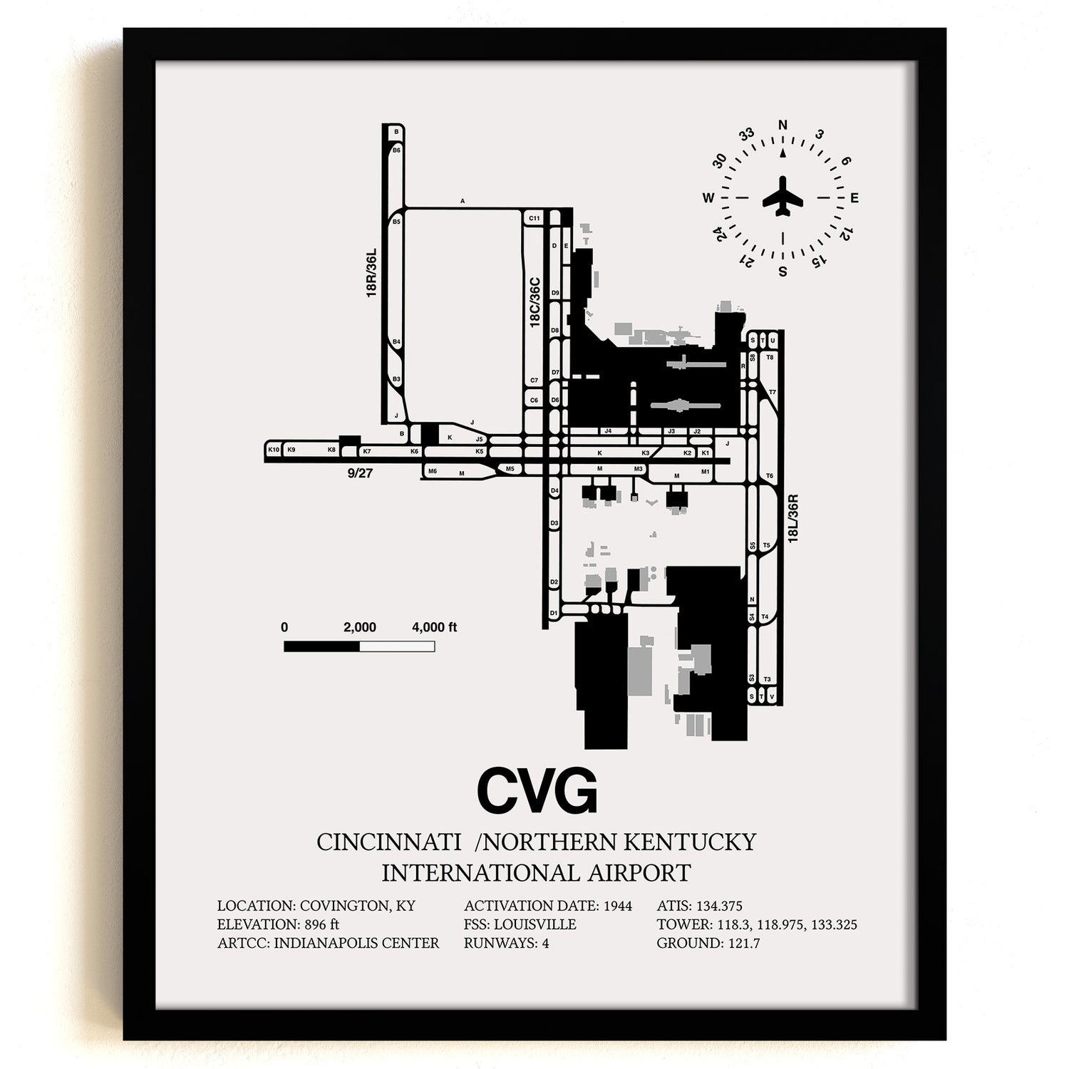 Framed Detailed Airport Map of Cincinnati /Northern Kentucky International Airport (CVG) in White with a Black Frame